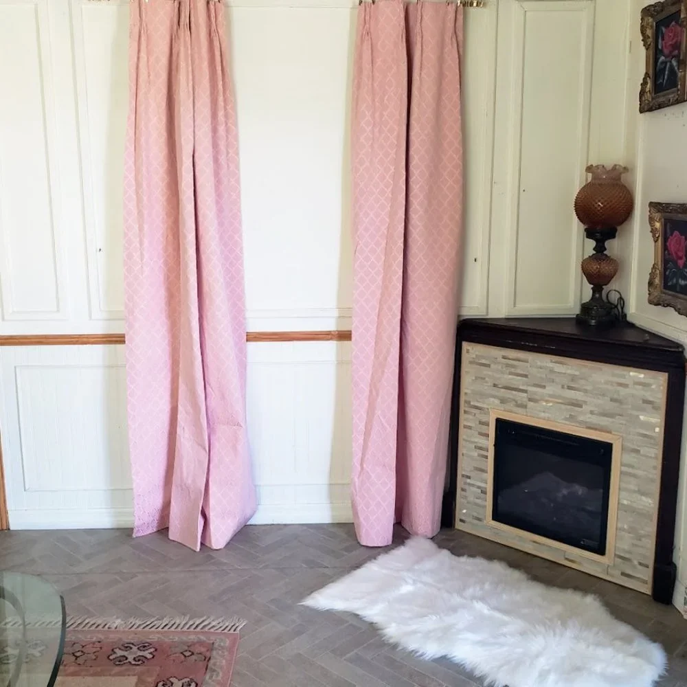 Vintage Drapes Pinch Pleat Pink Curtains 50W x 82L Embroidered Thermal Lined